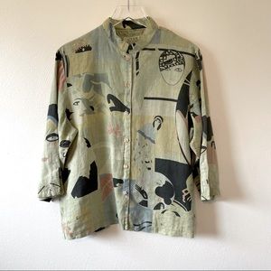 Citron Santa Monica 1930's Print Linen Shirt L